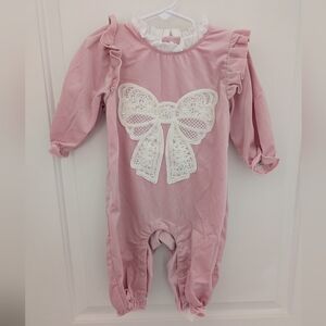 Pink Velour Jumpsuit With Ruffle And Lace Bow Detail